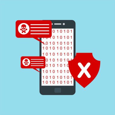 Akıllı telefon virüsü virüs virüsü Truva virüsü bildirimi ya da alarmı. Hacker saldırısı, Veri Koruma Vektörü kavramı.