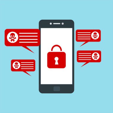 Akıllı telefon virüsü virüs virüsü Truva virüsü bildirimi ya da alarmı. Hacker saldırısı, Veri Koruma Vektörü kavramı.