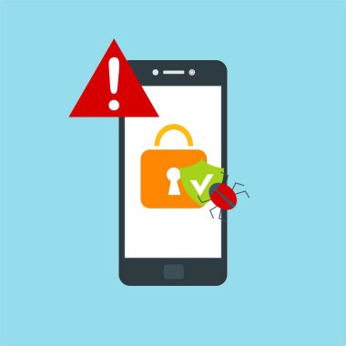 Akıllı telefon virüsü virüs virüsü Truva virüsü bildirimi ya da alarmı. Hacker saldırısı, Veri Koruma Vektörü kavramı.