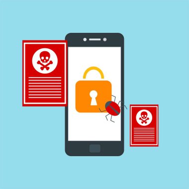 Akıllı telefon virüsü virüs virüsü Truva virüsü bildirimi ya da alarmı. Hacker saldırısı, Veri Koruma Vektörü kavramı.