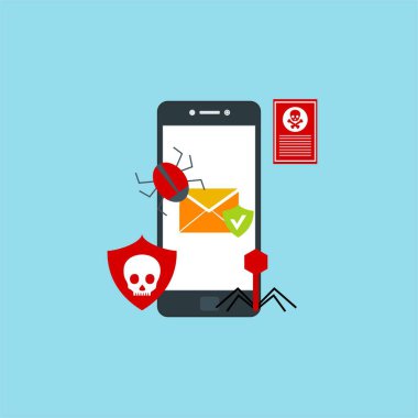Akıllı telefon virüsü virüs virüsü Truva virüsü bildirimi ya da alarmı. Hacker saldırısı, Veri Koruma Vektörü kavramı.