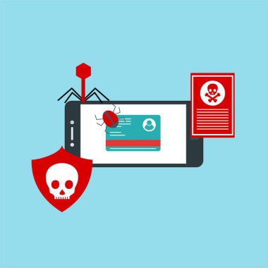 Akıllı telefon virüsü virüs virüsü Truva virüsü bildirimi ya da alarmı. Hacker saldırısı, Veri Koruma Vektörü kavramı.