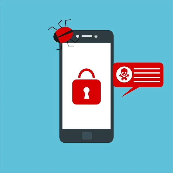 Vírus de smartphones notificação vírus trojan ou alerta. Ataque de hackers, conceito de vetor de proteção de dados . — Vetor de Stock