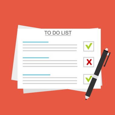 Yapılacaklar Listesi 'ndeki kontrol listesi. Evrakları imzalayan bir adam illüstrasyonu. Web pankartları, web siteleri, yazdırılmış materyaller, bilgi grafikleri için vektör Modern düz tasarım kavramı.