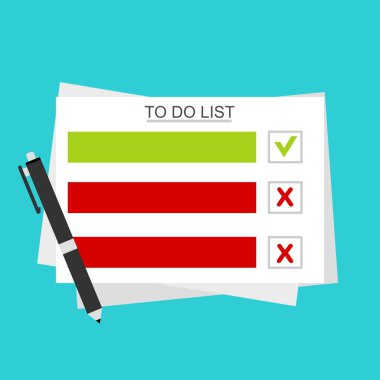 Yapılacaklar Listesi 'ndeki kontrol listesi. Evrakları imzalayan bir adam illüstrasyonu. Web pankartları, web siteleri, yazdırılmış materyaller, bilgi grafikleri için vektör Modern düz tasarım kavramı.
