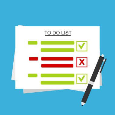Yapılacaklar Listesi 'ndeki kontrol listesi. Evrakları imzalayan bir adam illüstrasyonu. Web pankartları, web siteleri, yazdırılmış materyaller, bilgi grafikleri için vektör Modern düz tasarım kavramı.