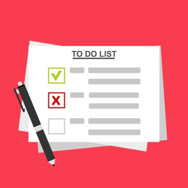 Yapılacaklar Listesi 'ndeki kontrol listesi. Evrakları imzalayan bir adam illüstrasyonu. Web pankartları, web siteleri, yazdırılmış materyaller, bilgi grafikleri için vektör Modern düz tasarım kavramı.
