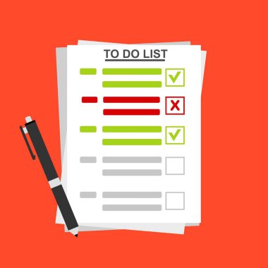 Yapılacaklar Listesi 'ndeki kontrol listesi. Evrakları imzalayan bir adam illüstrasyonu. Web pankartları, web siteleri, yazdırılmış materyaller, bilgi grafikleri için vektör Modern düz tasarım kavramı.