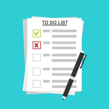 Yapılacaklar Listesi 'ndeki kontrol listesi. Evrakları imzalayan bir adam illüstrasyonu. Web pankartları, web siteleri, yazdırılmış materyaller, bilgi grafikleri için vektör Modern düz tasarım kavramı.