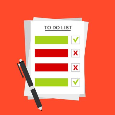 Yapılacaklar Listesi 'ndeki kontrol listesi. Evrakları imzalayan bir adam illüstrasyonu. Web pankartları, web siteleri, yazdırılmış materyaller, bilgi grafikleri için vektör Modern düz tasarım kavramı.