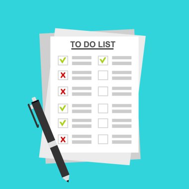 Yapılacaklar Listesi 'ndeki kontrol listesi. Evrakları imzalayan bir adam illüstrasyonu. Web pankartları, web siteleri, yazdırılmış materyaller, bilgi grafikleri için vektör Modern düz tasarım kavramı.