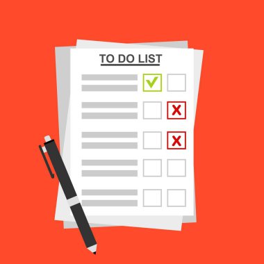 Yapılacaklar Listesi 'ndeki kontrol listesi. Evrakları imzalayan bir adam illüstrasyonu. Web pankartları, web siteleri, yazdırılmış materyaller, bilgi grafikleri için vektör Modern düz tasarım kavramı.