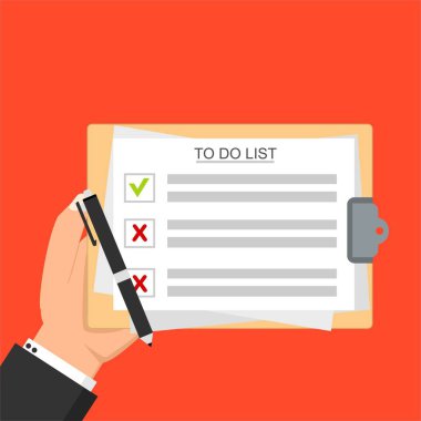 İş adamının eli kalem vektörü illüstrasyon şablonu ile liste konseptini yapmak için panoyu tutar