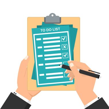 Erkek el imzası belgesi. Panodaki elle doldurma listesi. Evrakları imzalayan bir adam illüstrasyonu. Web pankartları, web siteleri, bilgi grafikleri için modern düz tasarım kavramı.