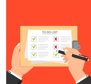 Erkek el imzası belgesi. Panodaki elle doldurma listesi. Evrakları imzalayan bir adam illüstrasyonu. Web pankartları, web siteleri, bilgi grafikleri için modern düz tasarım kavramı.