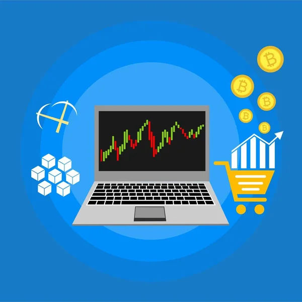 Blockkedjesystem, gruvkryptovaluta, serverrum, datorer med datorkraft, databehandling, penningtransaktioner i internetvektorteknik — Stock vektor