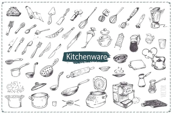 Ustensiles de cuisine dessinés à la main. Ensemble d'icônes vectorielles — Image vectorielle