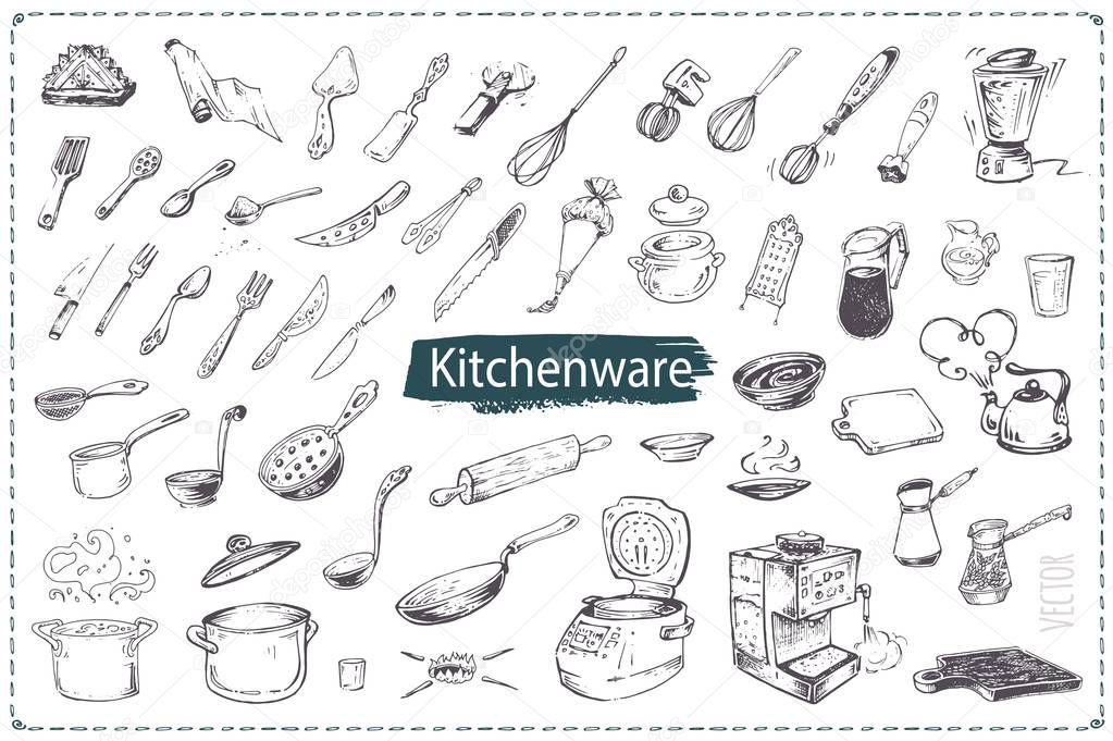 Hand drawn kitchen utencils. Vector icons set