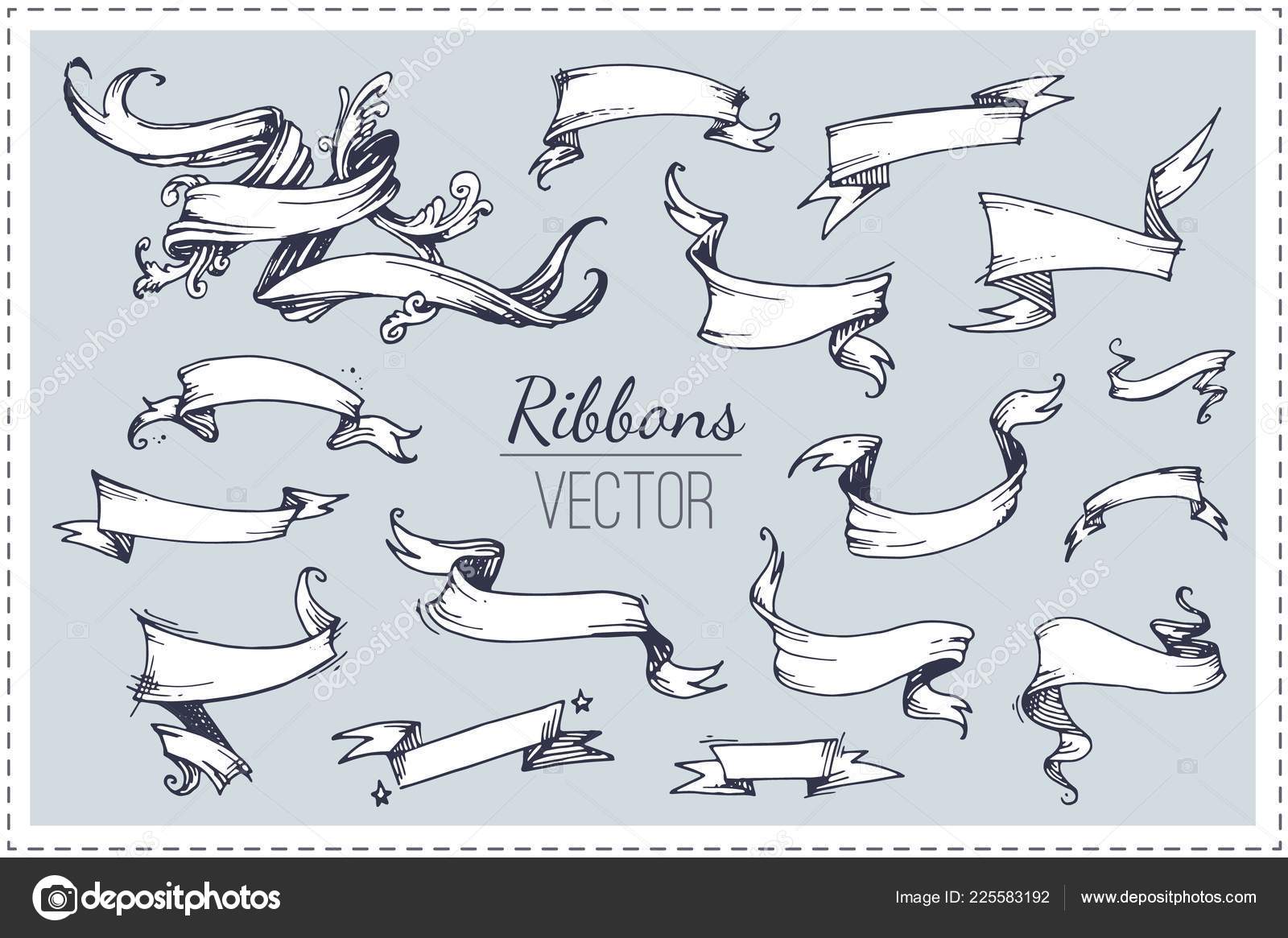 Vector Illustration Of Vintage Ribbon Banners. Hand Drawn Set