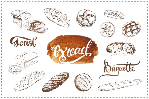 Conjunto de ícones de padaria desenhados à mão. Esboços de comida vetorial —  Vetores de Stock