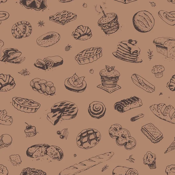 Coklat gambar tangan dan pola roti - Stok Vektor