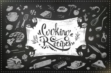 Çizilmiş yemek ve mutfak aletleri ver. Tebeşir tasarım