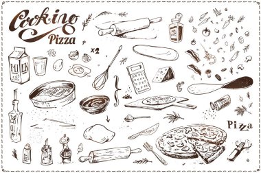 Pizza yemek. El vintage vektör simgeleri çizilmiş