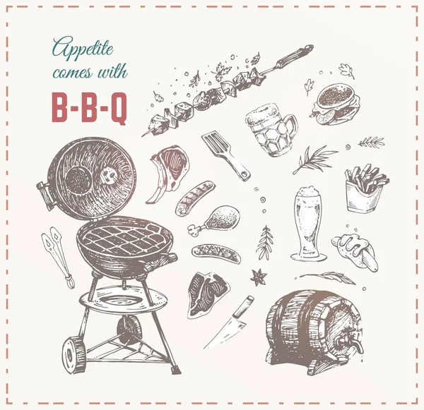 Carne de barbacoa, embutidos y cerveza vector dibujado a mano — Archivo Imágenes Vectoriales