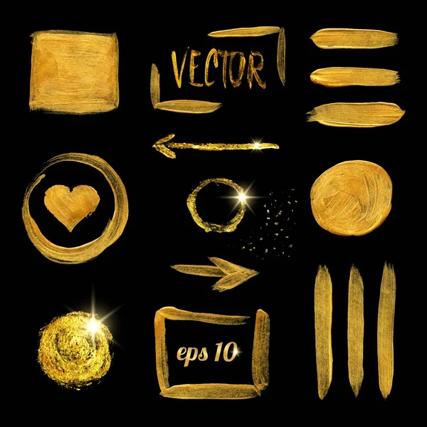 Gold paint brush stroke and stain set. Vector