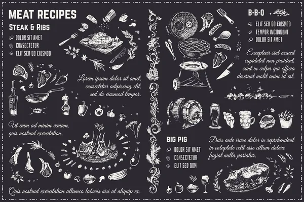 Recettes de plats de viande. Conception vectorielle de dessin à la craie — Image vectorielle