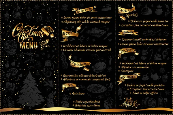 Conception de menu de Noël avec des icônes doodle et du texte — Image vectorielle