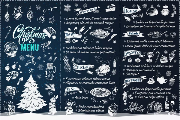 Diseño de menú de Navidad. Folleto vectorial estilo tiza — Archivo Imágenes Vectoriales