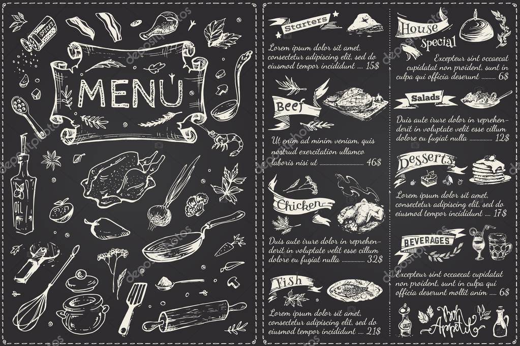 Vintage menu main page design. Hand drawn food sketches isolated on black chalk board for restaurant or cafe decoration. Vector banner