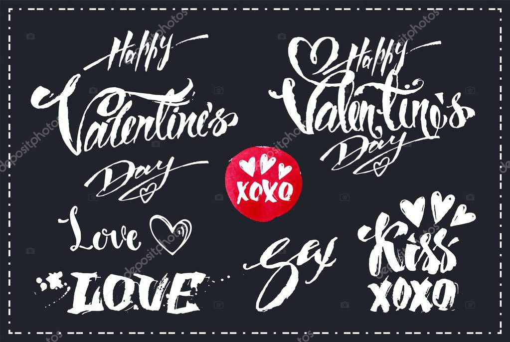 Set of calligraphy text Happy Valentines Day, Kiss Xoxo, Love and Sex. Vector chalk drawing style lettering on blackboard.