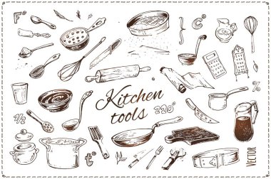 Çizilmiş mutfak araçları izole vector Icons set el