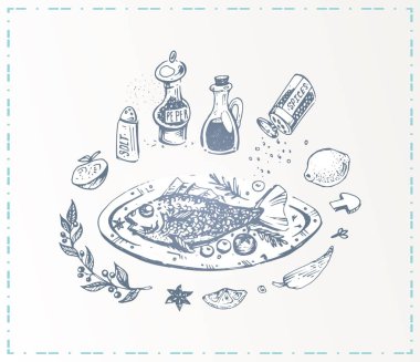 Elle çizilmiş gıda poster. Sebze ile balık