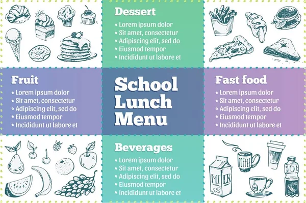 Okul öğle yemeği kutusu menü şablonu. Gıda çizimler — Stok Vektör
