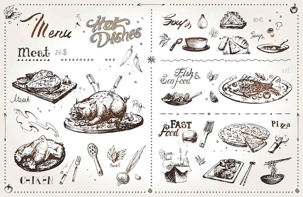 Pratos de carne desenhados à mão para design de menu. Vetor — Vetor de Stock