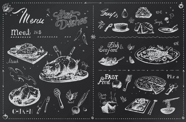 Chalk mão pratos de carne desenhados para design de menu — Vetor de Stock