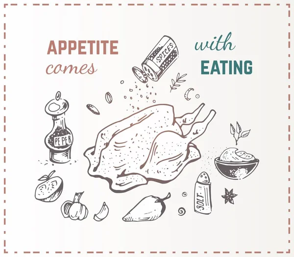 Manifesto di cibo disegnato a mano. Pollo con verdure — Vettoriale Stock