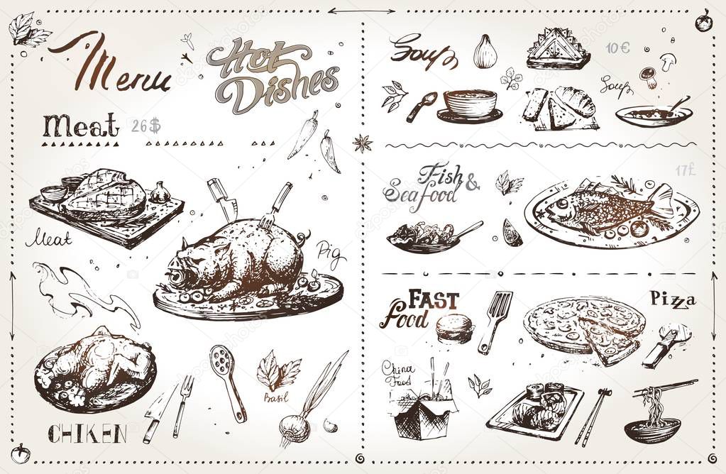 Hand drawn meat dishes for menu design. Vector