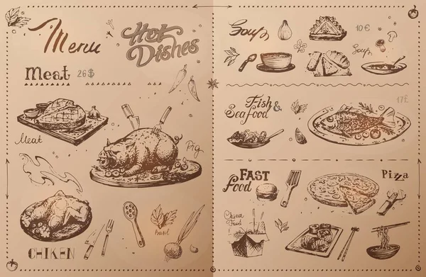 Piatti di carne disegnati a mano per il design del menu. Vettore — Vettoriale Stock