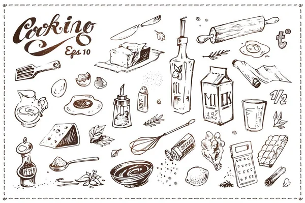 Set di illustrazioni di cucina per alimenti. Schizzi disegnati a mano — Vettoriale Stock