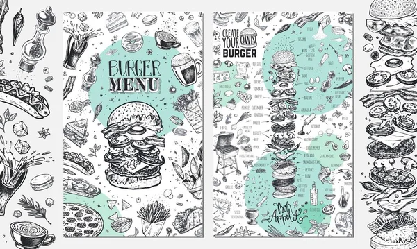 Burger menyöverdrag för restaurang. Vintage design — Stock vektor