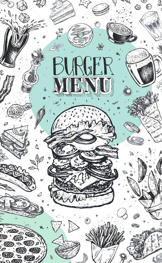 Burger menu cover for restaurant. Vintage design