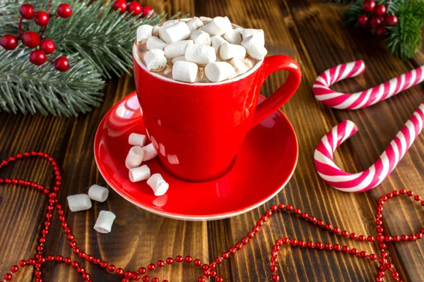 Hot Chocolate Marshmallows Red Cup Brown Wooden Background — Stock Photo, Image