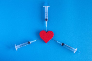 Kırmızı kalp ve şırınga mavi zemin üzerine. Üstten görünüm. Kopya alanı.