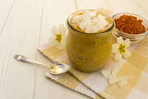 Pudding Chia Turmeric Coconut Chips Yellow Napkin — Stock Photo, Image