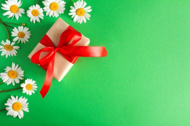 Kırmızı kurdele ve Papatya yeşil zemin üzerine hediye kutusu. Üstten görünüm.