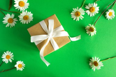 Beyaz kurdele ve Papatya yeşil zemin üzerine hediye kutusu. Üstten görünüm.